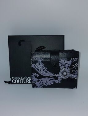 Versace Jeans Couture Black Saffano Leather Embossed Logo Wallet NIB!